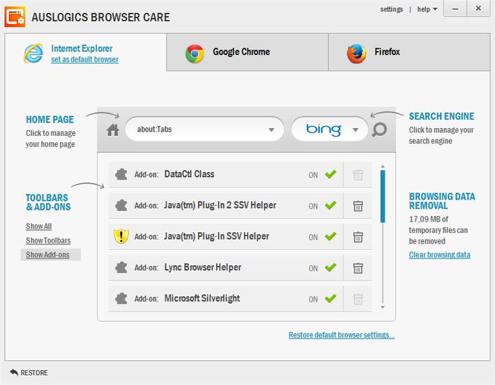 Auslogics Browser Care – решение для обслуживания Chrome, Firefox и IE