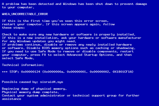 Исправить ошибку 0x00000124 синего экрана Windows 7