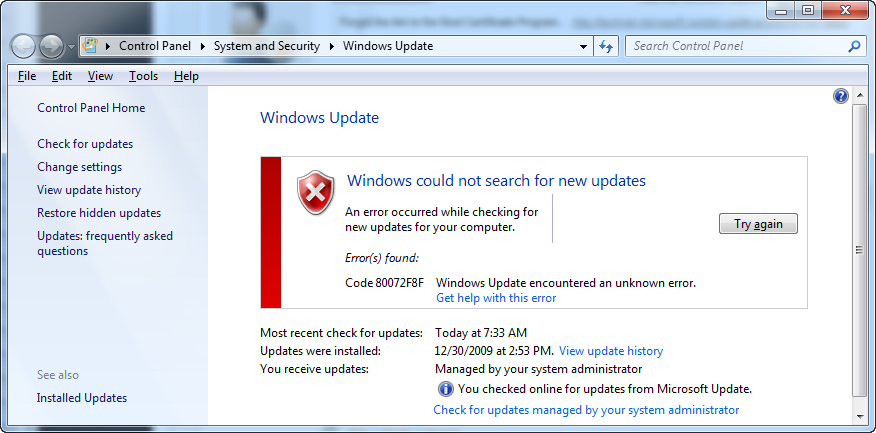 Ошибка 80072f8f исправить в обновлении Windows 7