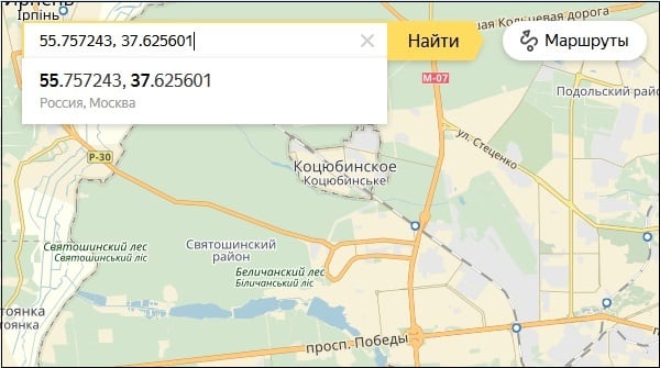 Поиск по координатам на Яндекс Карте
