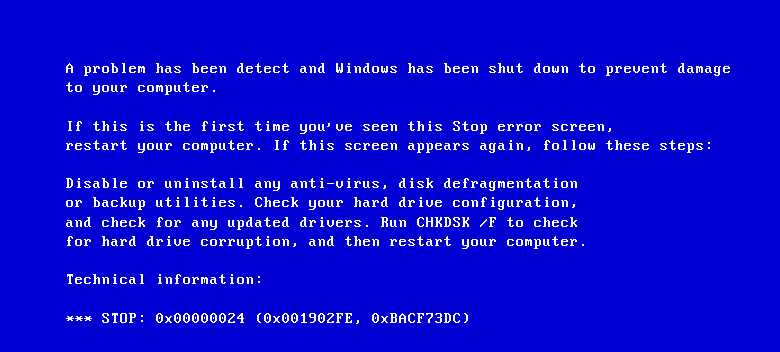 Stop ошибка 0x00000024 исправляем синий экран Windows 7 и XP